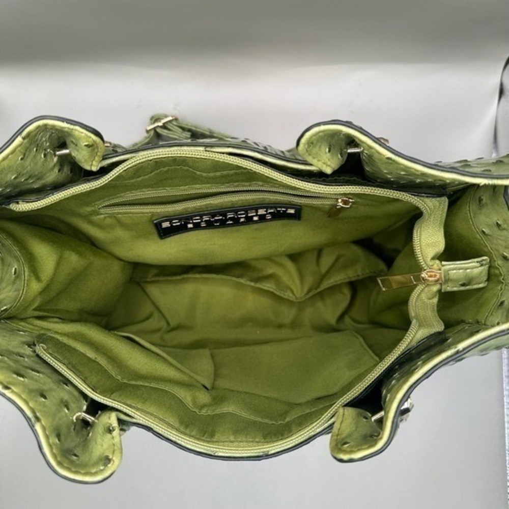 Sondra Roberts Satchel Large Green Ostrich Embossed Patent FauxLeather Gold Trim - Picture 3 of 13